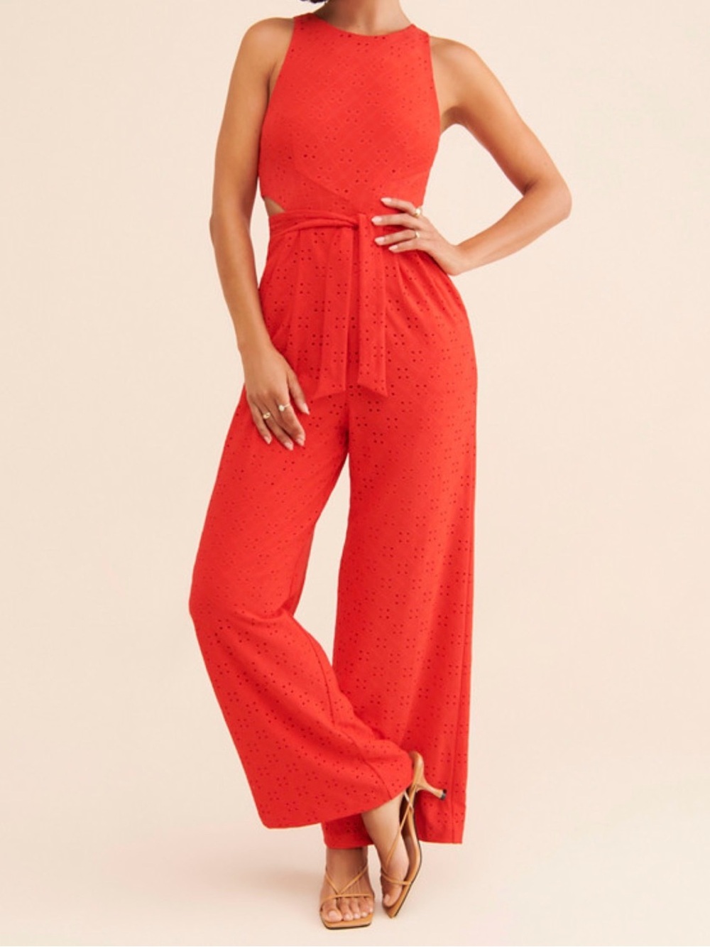 Hutch Red Sleeveless Eyelet Wide-Leg Jumpsuit with Tie Waist